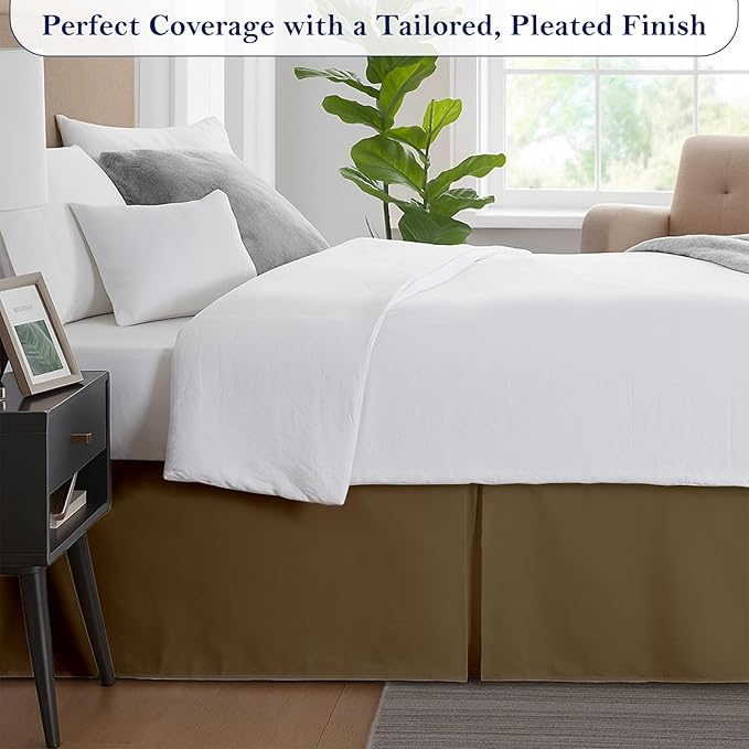 Twin Bed Skirt, Luxury 16 Inch Drop Taupe Pleated Bed Skirt, Double Brushed Microfiber, Box Pleat Design, Wrinkle & Fade Resistant, Easy Fit Tailored Bedskirt for Twin Size Beds