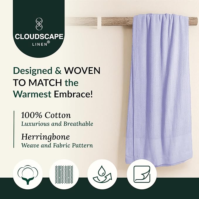 Cloud Scape Linen 100% Cotton Blanket 92x92 Lavender Blue - Cozy Herringbone Weave, Fits Up to for Full Size Beds, Breathable Softness, All-Season Warmth, Winter Blanket, for Women