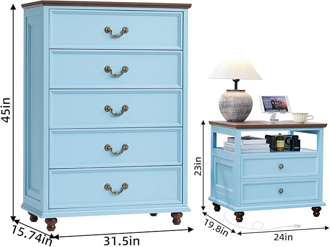 24" Wide Farmhouse Nightstand with Charging Station Set of 2, 45" Tall Rustic Chests of 5 Drawers w/ 4 Solid Wood Feet, Farmhouse Furniture Series for Living Room,Bedroom,LightBlue