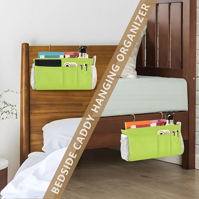 KOPIRIT Neon Yellow Bedside Caddy Storage Bag Bedside Organizer for Headboards Bunk Beds Organizer Caddy Hanging Shelf 6 Pockets with Hooks for Magazine Water Bottle Holder