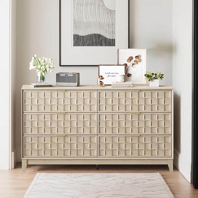 COLAMY Fluted Dresser, Modern Wooden 6 Drawer Dresser 55”, Side Board Buffet Storage Cabinet, Accent Cabinet with Metal Handles for Bedroom, Entryway, Hallway, Oak