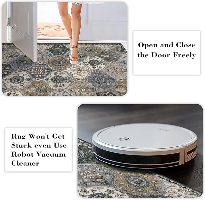 Lahome Moroccan Trellis Kitchen Runner Rug, 2x5 Washable Runners for Hallways Non Slip Soft Hallways Rug Ultra-Thin Vintage Long Carpet for Bedroom Bathroom, Grey