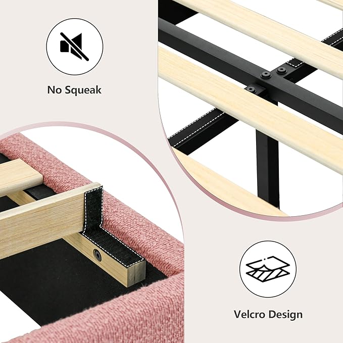 Full Size Bed Frame, Boucle Upholstered Platform Bed Frame with Headboard, White Bed Frame, Soft Rounded Corners, No Box Spring Required, Easy Assembly, Pink&White