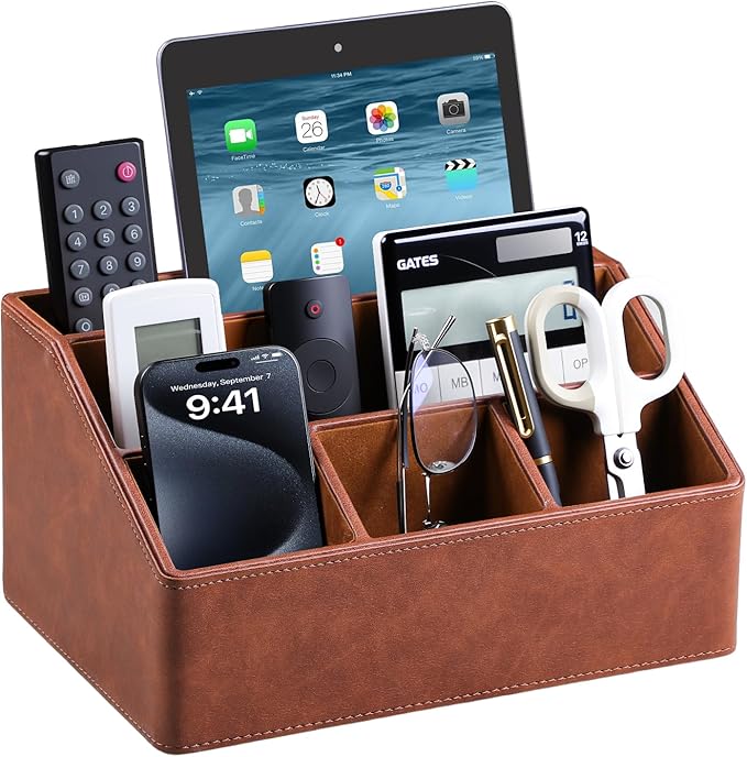 MEIBOOCH PU Leather Desk Organizer, Luxury Remote Control Holder for Home, Office Desk Accessories Table Caddy Bedside Nightstand Organizer (Brown)