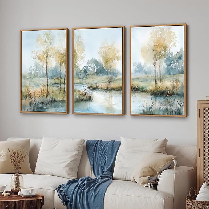 Yeehomedec Large Vintage Neutral Nature Framed Canvas Wall Art, Mid Century Modern Fall Wall Decor, Wilderness Landscape Art Painting, Rustic Country Trees Artwork for Living Room Bedroom Office 16"x24"x3