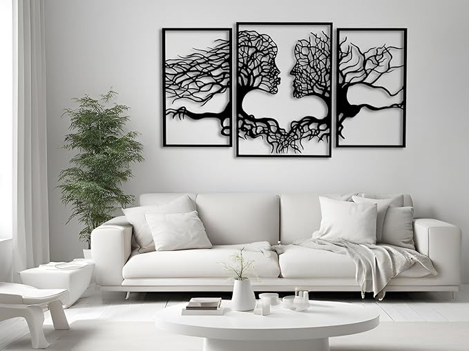 VAILLA Tree of Life Wall Wooden Art Abstract Tree Man Woman Face Large 3D Wooden Wall Decor Set of 3 Hanging Sculpture Modern Home Decoration 3D Textured Sculptures for Living Room Bedroom Office Dinnig Room (59"L x 35"W)