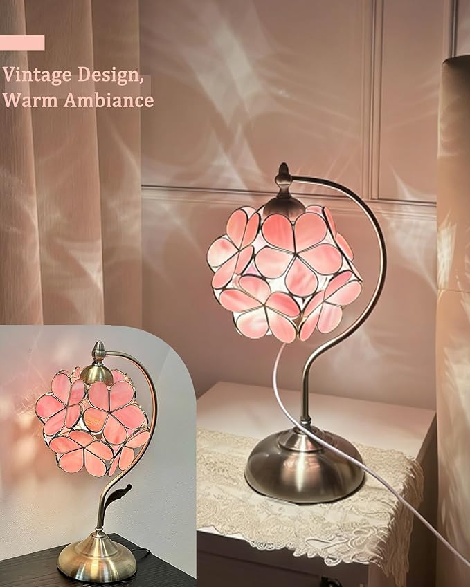 Tiffany Style Flower Table Lamp, Vintage Cherry Blossom Stained Glass Lamp with Brass Base for Bedroom Bedside Home Decor, Blush Coral (Pink)