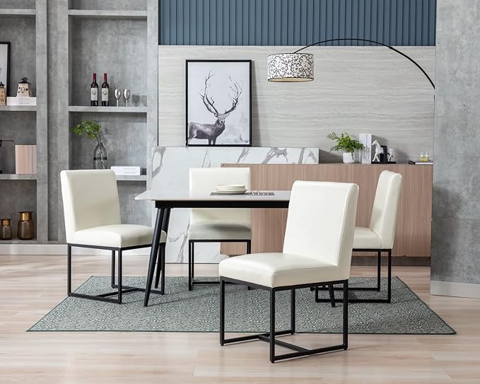 CIMOTA Modern Dining Chairs Set of 2, Leather Dining Room Chairs Upholstered Armless Guest Side Chair with Black Base for Dining Room/Kitchen, Cream 2PCS