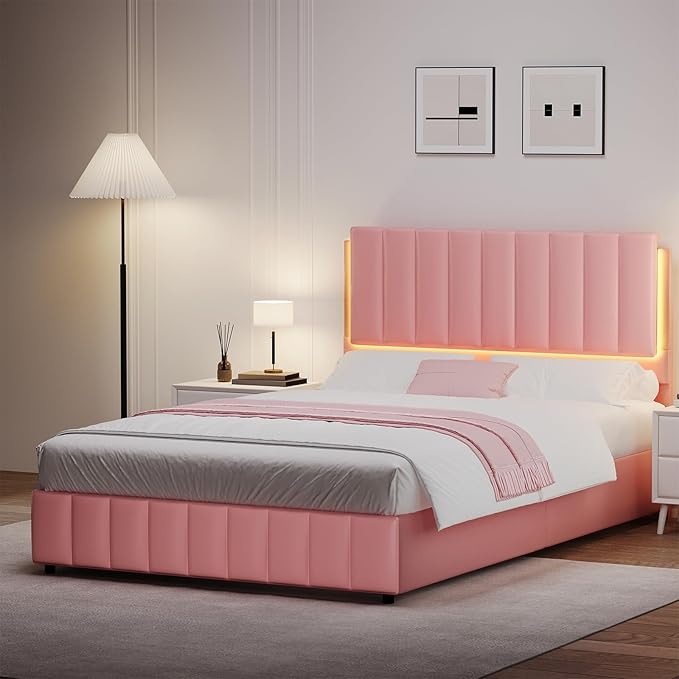 Pink Queen Bed Frame with Headboard and LED Lights, Modern Upholstered Faux Leather Platform Bed with Wooden Slats Support, No Box Spring Needed, Easy Assembly, Pink