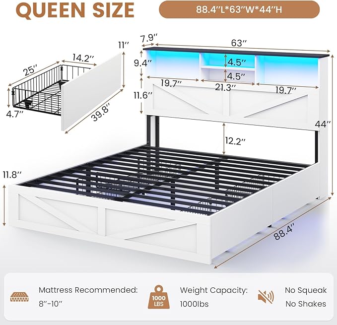 VIAGDO Farmhouse Bed Frame Queen Size with Bookcase Storage Headboard, Charging Station and LED Lights, Wooden Queen Bed Frame with 4 Drawers, Barn Door Design, No Box Spring Needed, No Noise, White