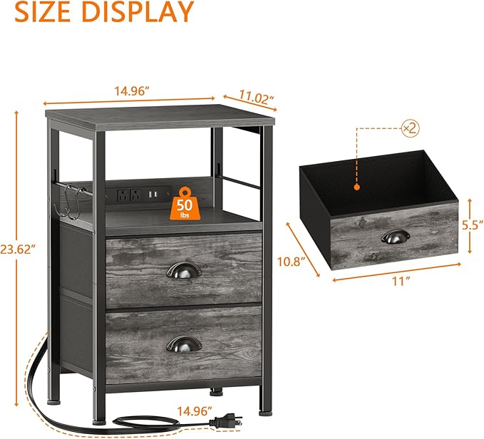 Furologee Nightstand with Charging Station, Night Stand with 2 Fabric Drawers, Side Table with USB Ports, End Table with Storage Shelf, for Living Room/Bedroom, Grey