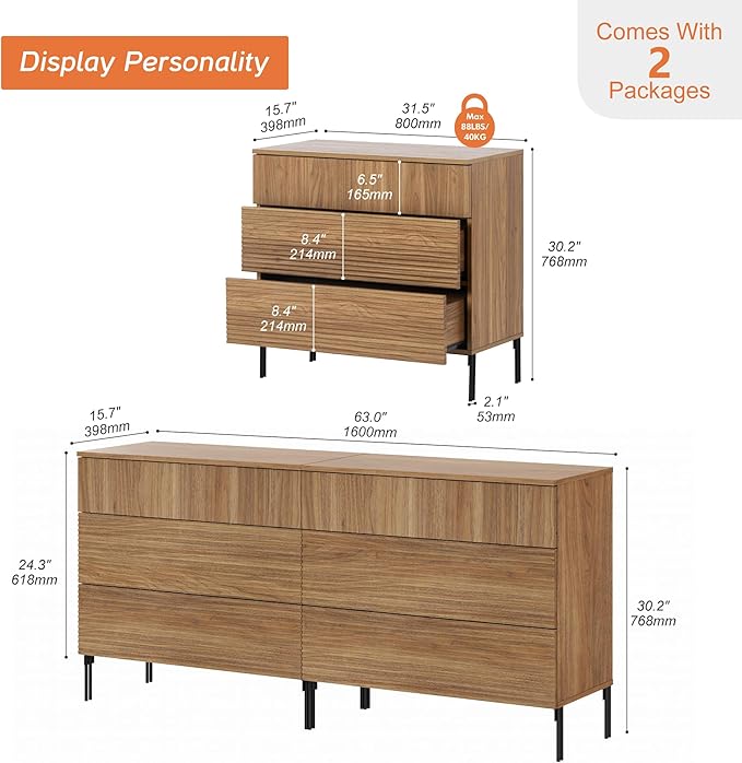 WAMPAT 63" W Fluted Dresser for Bedroom, 2 in 1 Modern 6 Drawer Dresser TV Stand with Hidden Handles, Wooden Chest of Drawers Closet Clothes Storage Organizer for Bedroom, Living Room, Light Walnut