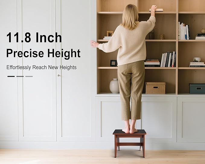 One Step Stool for Adults Seniors with Non-Slip Rubber Stepping Feet, 12" Heavy Duty Wooden Step Stools with 450 LBS Capacity Bed Steps for High Beds, Bathroom, Bedroom, Kitchen & Bedside Support