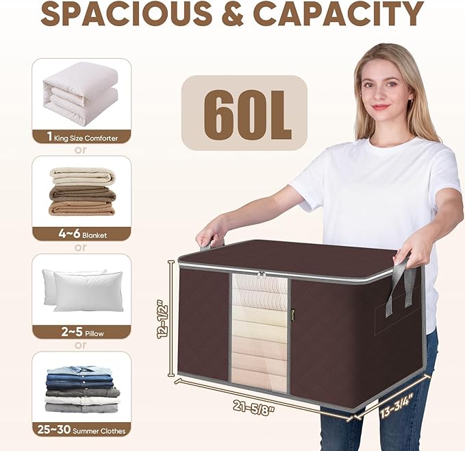 BALEINE 6 Pack Clothes Storage Bags, 16 Gallon Storage Containers with Reinforced Handle, Sturdy Zipper, Closet Organizer for Blanket, Comforter, Pillow, Bedding (Brown, 6 Pack)