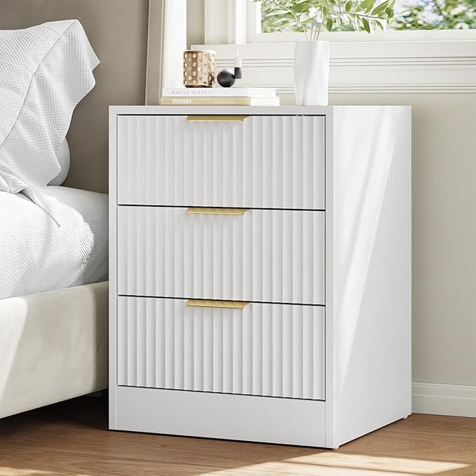 9 Drawer Fluted Dresser & Nightstand Set 3-Piece, 63” Long Dresser and Night Stand Set of 2, Fluted Modern Wood Chest of Drawers Storage Dressers Set for Bedroom, White
