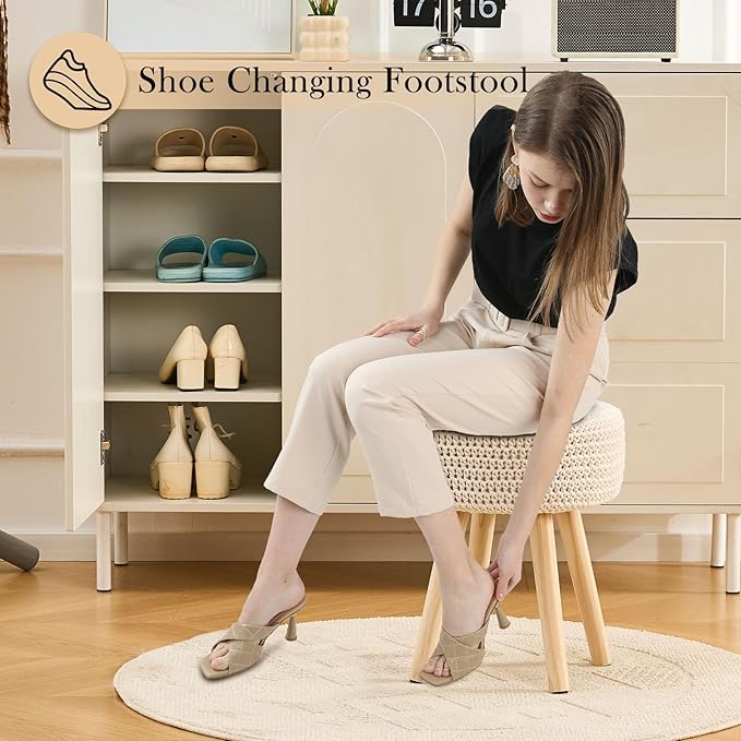 LGENHOOM Cotton Knitted Ottoman Round Footstool Vanity Stool Modern Stool Ottoman Footrest Stool with Non-Skid Wood Legs for Living Room Bedroom White