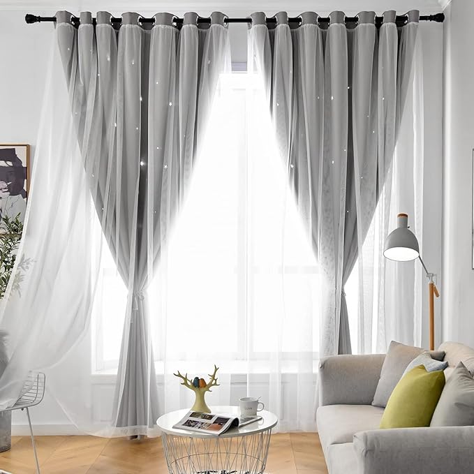 Star Curtains Blackout Curtains for Bedroom Kids Room Curtains Nursery Curtains Double Layer Curtains Kids Curtains for Boys, Blackout Curtains 108 Inches Long, Grey Curtains, 52 X 108 Inches