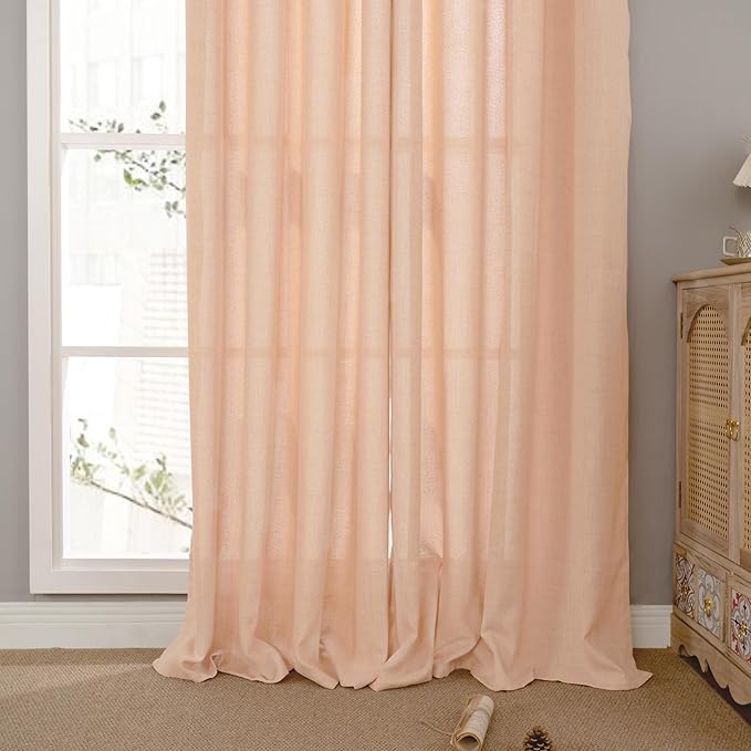 YoungsTex Peach Linen Semi Sheer Curtains 84 Inches Length 2 Panels for Bedroom, Light Filtering Drapes with Bronze Grommet Window Treatments for Dining Living Room, 52 x 84 Inch