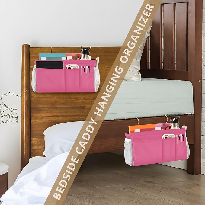 KOPIRIT Neon Rose Red Bedside Caddy Storage Bag Bedside Organizer for Dorm Room Top Bunk Bed Hanging Bag Bedside Shelf 6 Pockets with Hooks for Magazine Water Bottle Holder