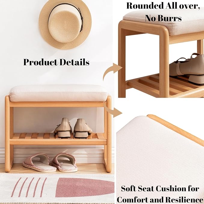 Wood Shoe Bench,2-Tier Storage Bench with Cushion Padded Seat,Entryway Bench with Shoe Storage, Small Bench for Entryway,Living Room