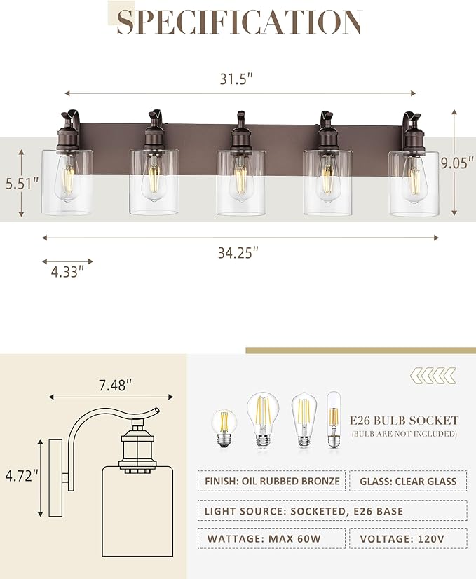 5 Light Bathroom Vanity Light, Morden Bath Lights Over Mirror Oil Rubbed Bronze Bathroom Sconce Lights with Clear Glass Shade ZCVL01ORB-5