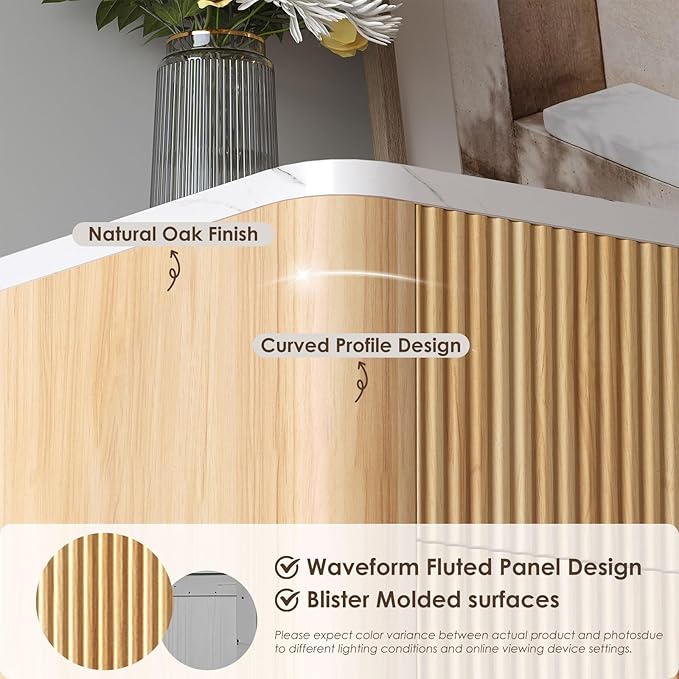 Fluted 6 Drawers Dresser for Bedroom,52" Wide Handleless Chest of Drawers with Faux Marble Top, Wooden Dresser TV Stand, Wood Drawer Organizer for Living Room, Hallway, Natural Oak