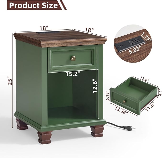 SAVOR LIFE Farmhouse End Tables Living Room with Drawer, Rustic Wood Nightstand with Charging Station, Bedside Table with Open Shelf for Bed Room, Living Room, Green