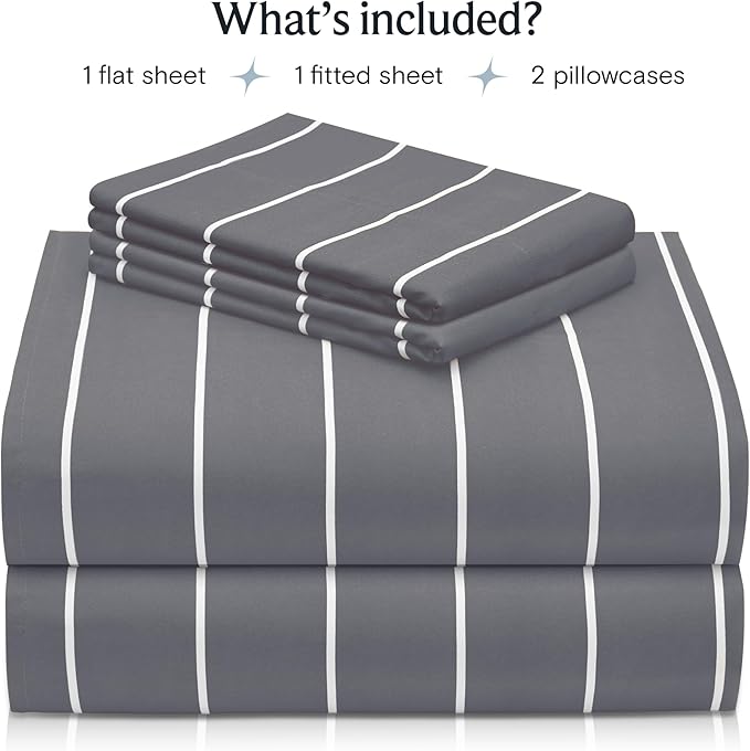LuxClub 4 PC King Sheet Set, Deep Pockets Wrinkle Free Cooling Bed Sheets Hotel Bedding for Women, Men, Includes 1 Fitted Sheet, 1 Flat Sheet and 2 Pillowcases-Striped - Light Grey