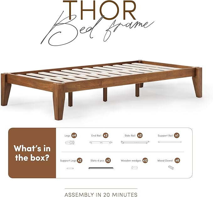 Thor Premium Solid Wood Bed Frame Twin XL, Platform Bed, Japanese Joinery Bed Frame, Wood Slat Support, No Box Spring Needed, Easy Assembly, Minimalist & Modern Style (Walnut)