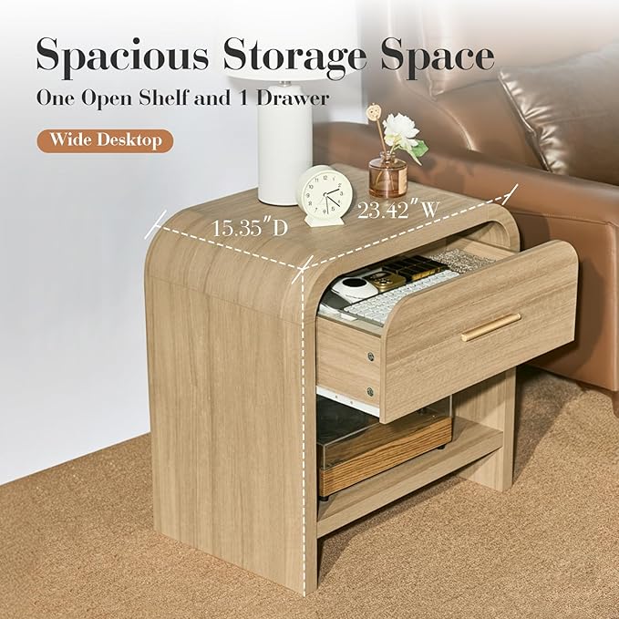 Night Stand [Unique Curved Profile] [FSC-Certified Wooden Board] 1-Drawer and 1 Storage Shelf Nightstand 24" H Metal Handle Modern Bedside Table Side Table End Table