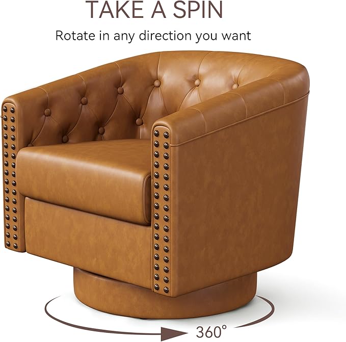 Swivel Barrel Accent Chair,Round Nailhead Faux Leather Living Room Arm Chairs,Modern Upholstered Comfty Reading Nook Chairs for Bedroom,Small Club Armchair,Single Sofa Side Chair,Caramel Brown
