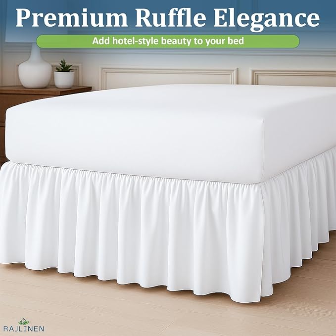 Rajlinen Ruffled Bed Skirt Queen, 8 Inch Drop Dust Ruffle with Split Corners, 100% Microfiber Bedskirt with Platform, Three-Sided Coverage Ruffled Gathering Design, White