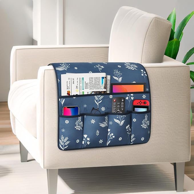 Remote Control Holder for Armchair，Couch Caddy Organizer TV Remote Holder for Bed Storage 5 Pockets，Remote Caddy Bedside Organizer Bedside Table Organizer (Blue, 35''x18'')