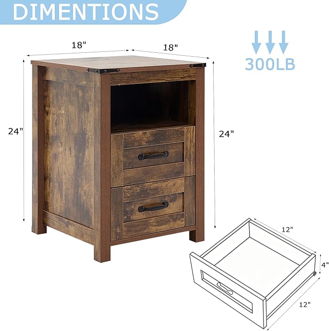 Brown Rustic Night Stand Set of 2, Farmhouse End Table, Modern Bedside Table with 2 Storage Drawers and Open Shelf, Tall Nightstand for Bedroom
