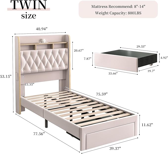 Twin LED Bed Frame with Storage Drawer, Velvet Upholstered Platform Beds with Galaxy Star Projector and Speaker, Aurora Bedframe with 2-Tier Storage Headboard for Small Bedroom Apartment, Pink