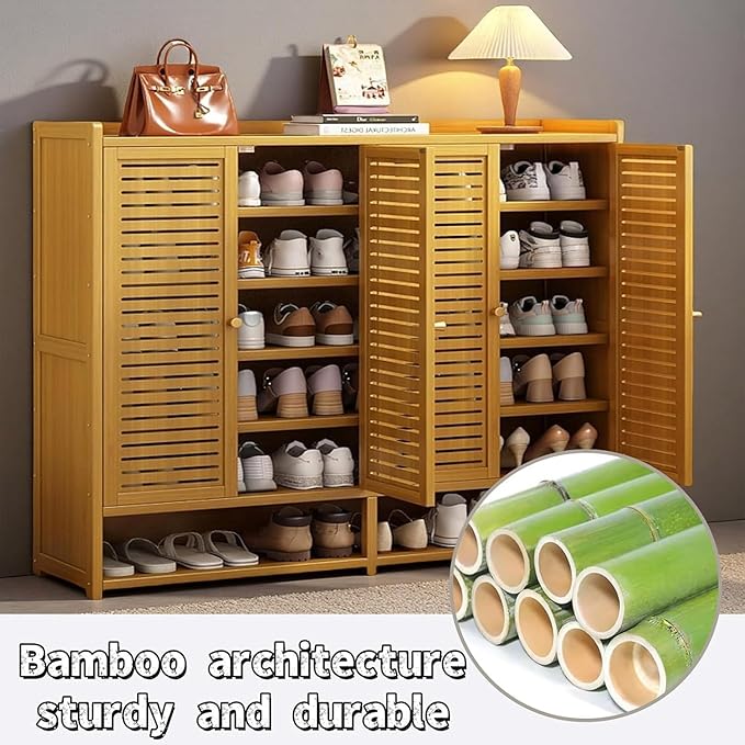 Bamboo Shoe Cabinet, 36-40 Pairs 7 Tier Shoe Rack with Doors, Freestangding Shoe Cabinet Organizer with Shelves, 43" Tall Shoe Rack Organizer for Entryway, Closet, Hallway