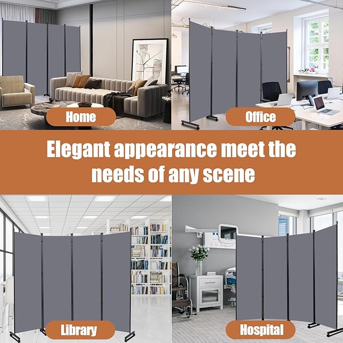 Room Divider Folding Privacy Screens with Wheels, 6FT Tall Divider for Room Separation, Movable Room Partitons and Dividers, Indoor Room Dividers Panel with Fabric (Grey, 4 Panel-88‘’-Wheels)