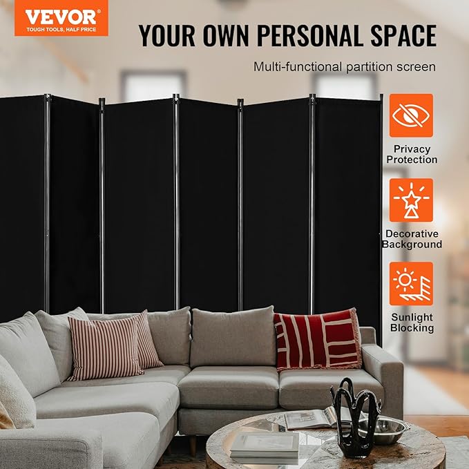 VEVOR Room Divider, 6 Panel Room Divider, Folding Privacy Screen and Portable Partition Divider for Room Separation, Freestanding Room Partitions for Office, Bedroom, Study, Black