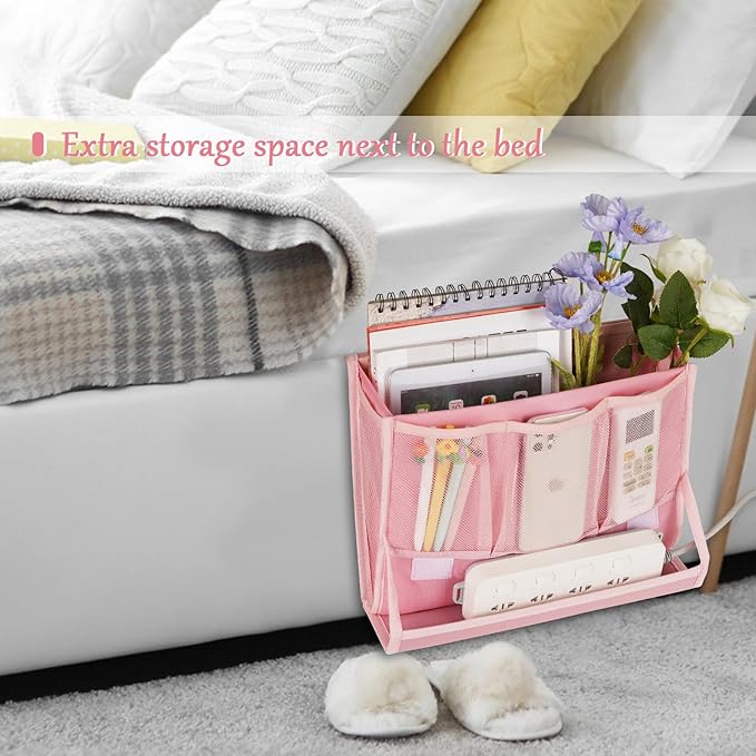 Bedside Caddy Bedside Storage Organizer Bedside Organizer with Power Strip Holder and 2 Adjustable Straps for Home Bunk Bed College Dorm Sofa (2 Pack Pink)