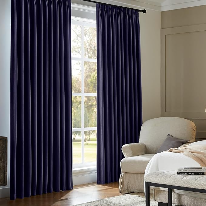 Pinch Pleated 100% Blackout Curtains for Bedroom, Navy Blue Velvet Curtains for Living Room, Black Out Curtain 90 inch Long Room Darkening, Blackout Pinch Pleat Drapes with Hooks 2 Panels