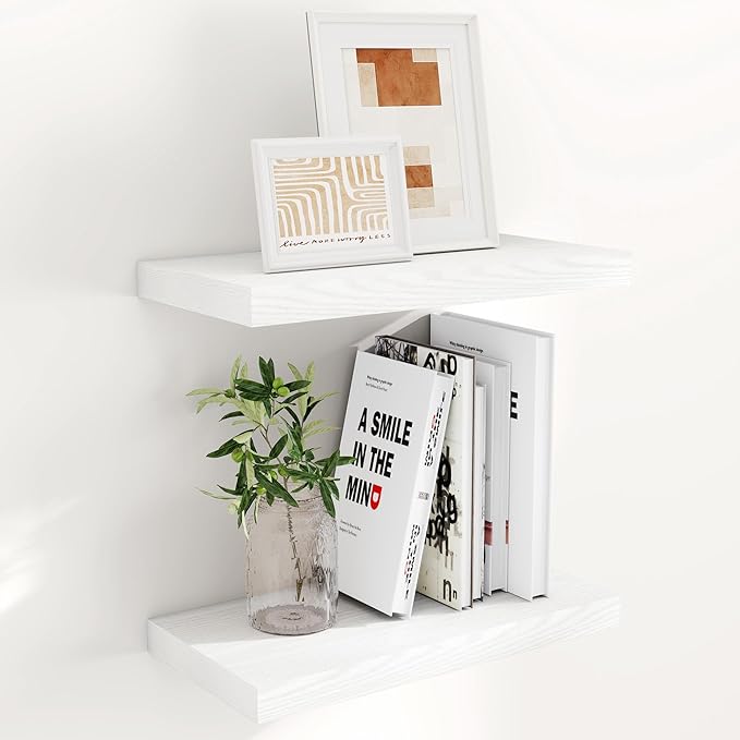 Fun Memories Floating Shelves 16 Inch Long, Wall-Mounted Bathroom Shelves Set of 2, 9.3 Inch Deep Shelf for Home Storage & Display, Wooden Deep Wall Shelves for Bedroom, Living Room, Kitchen, White