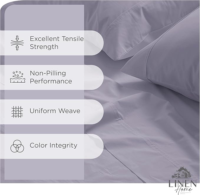 Linen Home 100% Cotton Percale Sheets Queen Size, Prelude Purple, Deep Pocket, 4 Pieces Set - 1 Flat, 1 Deep Pocket Fitted Sheet and 2 Pillowcases, Crisp Cool and Strong Bed Linen