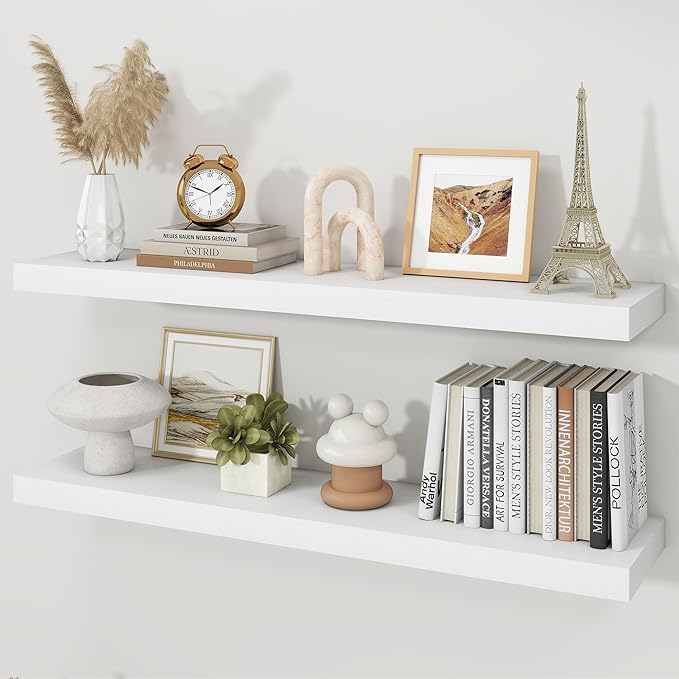 Floating Shelves for Wall, 9.3" Deep Wall Mounted Wood Shelves for Bathroom, Bedroom, Living Room, Kitchen, Hanging Shelf for Books/Storage/Room Decor (White 40")