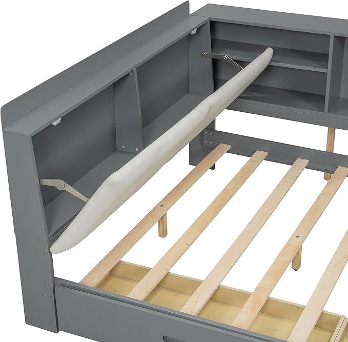 Ball & Cast Full Size Wooden Storage Daybed Frame, Modern Platform Bed with Drawers & Flip Headboard & Shelves, L Shaped Full Floor-Bed w/Upholstered Headboard&Storage, No Box Spring Needed, Gray