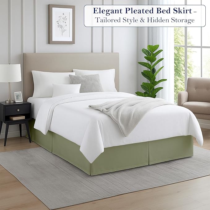 King Bed Skirt, Luxury 12 Inch Drop Sage Pleated Bed Skirt, Double Brushed Microfiber, Box Pleat Design, Wrinkle & Fade Resistant, Easy Fit Tailored Bedskirt for King Size Beds
