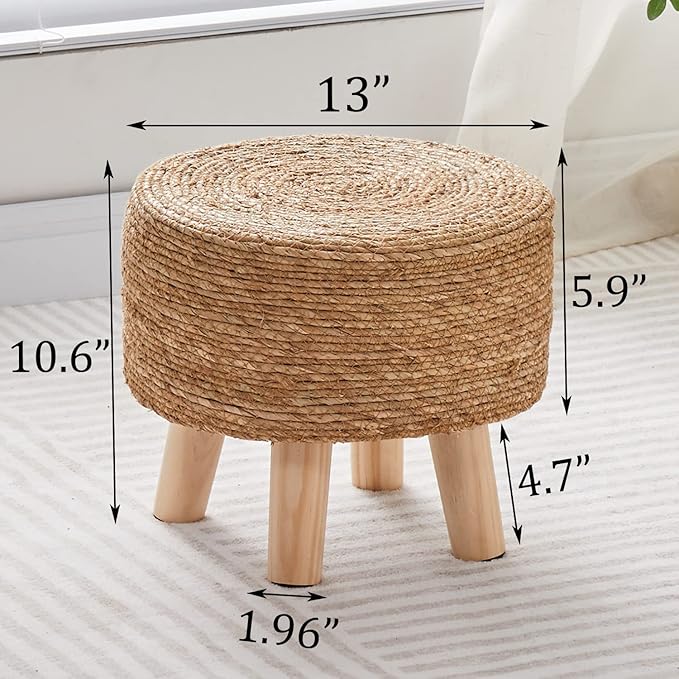 Wimarsbon Round Foot Stool Natural Seagrass Poufs Ottoman Hand Weave Footrest Stool for Couch Desk Extra Seat Step Stool with Solid Wood Legs for Hallway Patio Lounge Natural