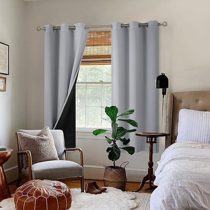 BGment Thermal Insulated 100% Blackout Curtains for Bedroom with Black Liner, Double Layer Full Room Darkening Noise Reducing Grommet Curtain (42 x 72 Inch, Light Grey, 2 Panels)