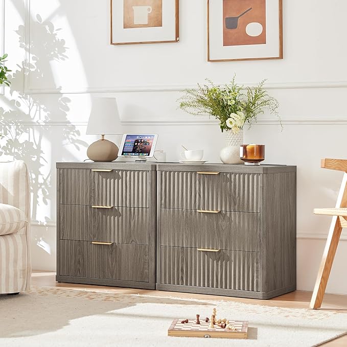 LEYAOYAO 42" Tall Fluted Dresser and 3 Drawers 23" Nightstand Set of 2, Wooden Dresser & Night Stand with Charging Station, 3 Piece Bedroom Furniture Set, Wood Chest of Drawer for Living Room,Grey