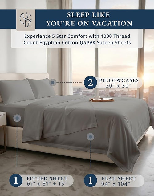 100% Egyptian Cotton Sheets Queen Size Bed Set – 1000 Thread Count Cooling & Breathable Sateen Queen Sheets Set, Authentic Long-Staple Cotton for Lasting Softness, Snug Fit 15" Deep Pocket - Charcoal