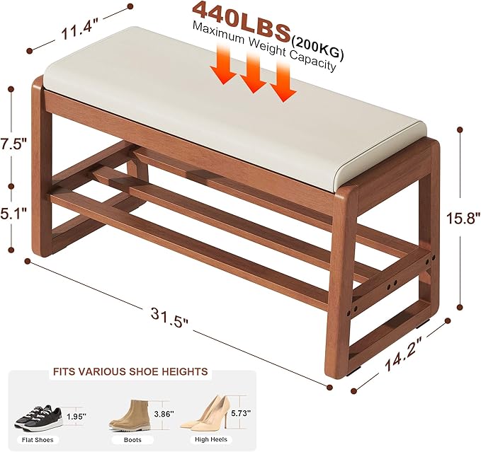 Shoe Bench Storage Rubberwood with Leather Cushion 31.5", Waterproof Easy to Clean 550LBS Organizer Shoe Rack for Entryway, Hallway, Mudroom, Front Door